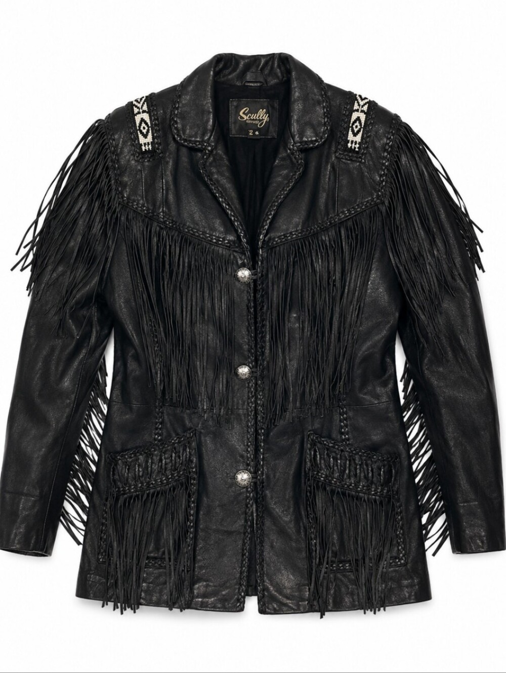 SCULLY Black Leather Fringe Beaded Hand Lace Western Navajo Jacket Sz 42